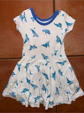 Girls' White Dress with Blue Shark Print - Casual Short Sleeve
